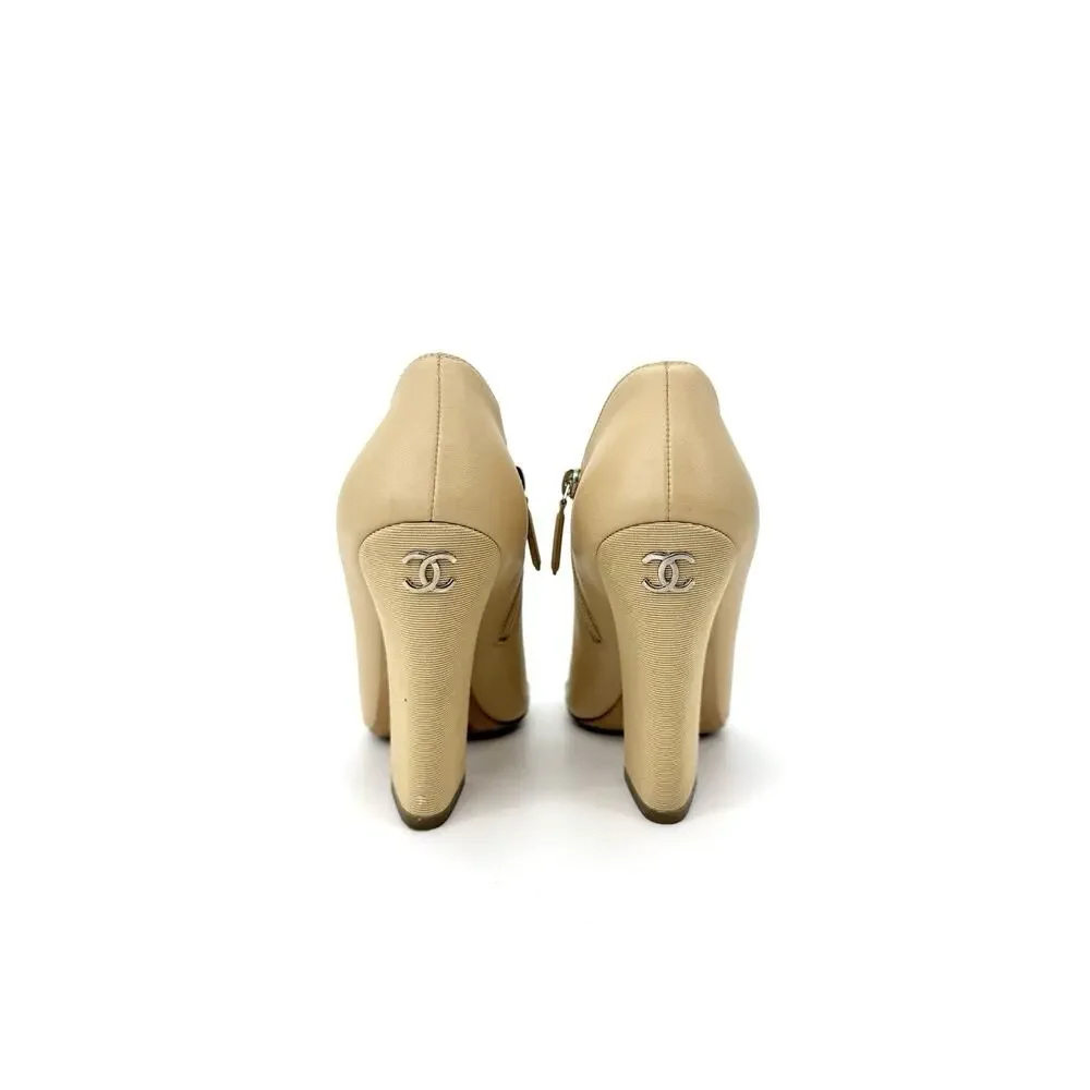 Chanel Peep Toe Bootie EU 39 US 9 Beige Nude Leather with Faux Pearl Embellish